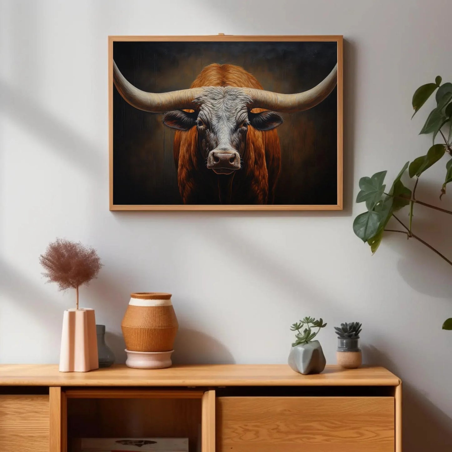 Texas Long Horn Large Wall Art, Rustic Cowboy Home Decor, Southwestern Art, Texas Longhorn Cow Canvas, Farmhouse Decor Wall Art – Canvas Print