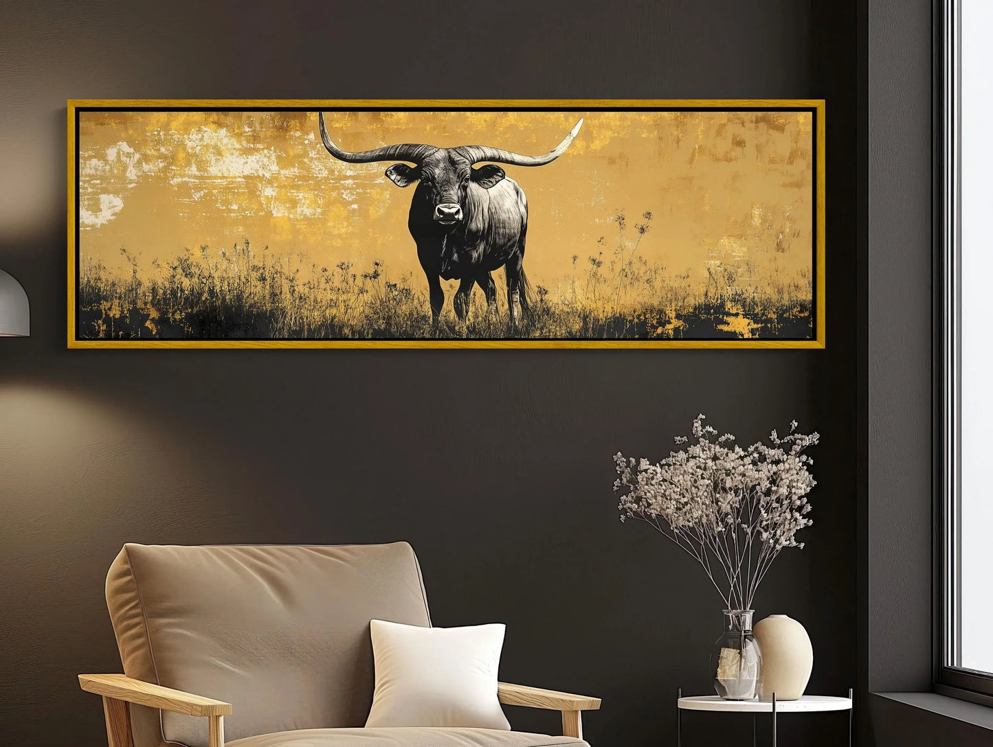Texas Longhorn in Meadow Field Abstract Painting, Long Horizontal Panoramic Canvas Print, Extra Large Rustic Wall Decor for Living Room Wall Art – Canvas Print