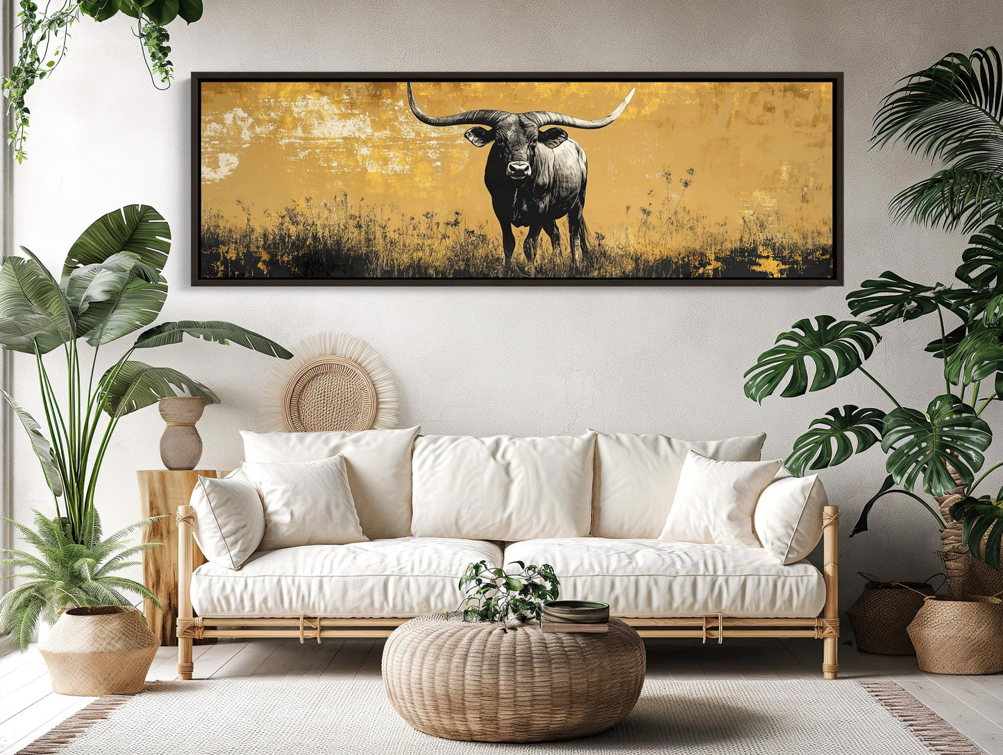Texas Longhorn in Meadow Field Abstract Painting, Long Horizontal Panoramic Canvas Print, Extra Large Rustic Wall Decor for Living Room Wall Art – Canvas Print