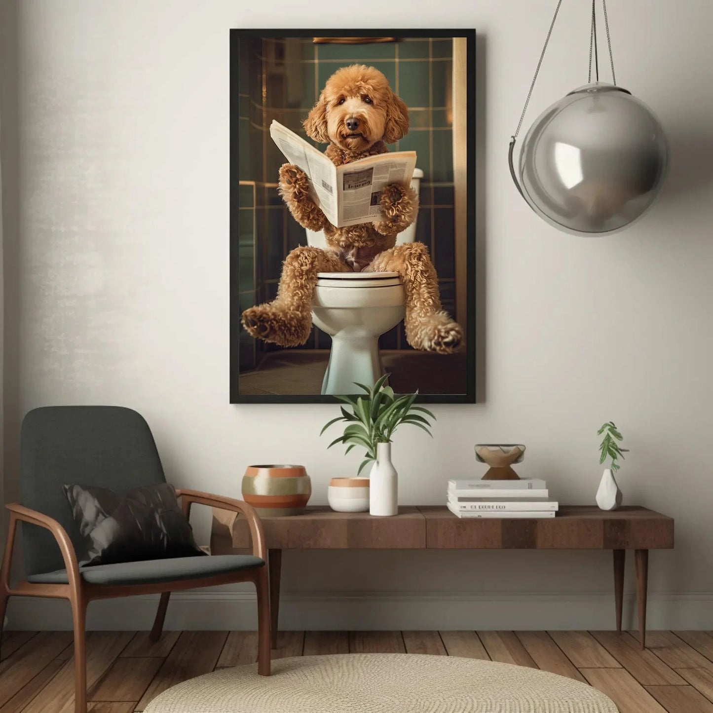 Golden doodle sitting on toilet reading newspaper canvas print, toilet humor, bathroom art, anniversary gift, restroom decor, funny gift Wall Art – Canvas Print