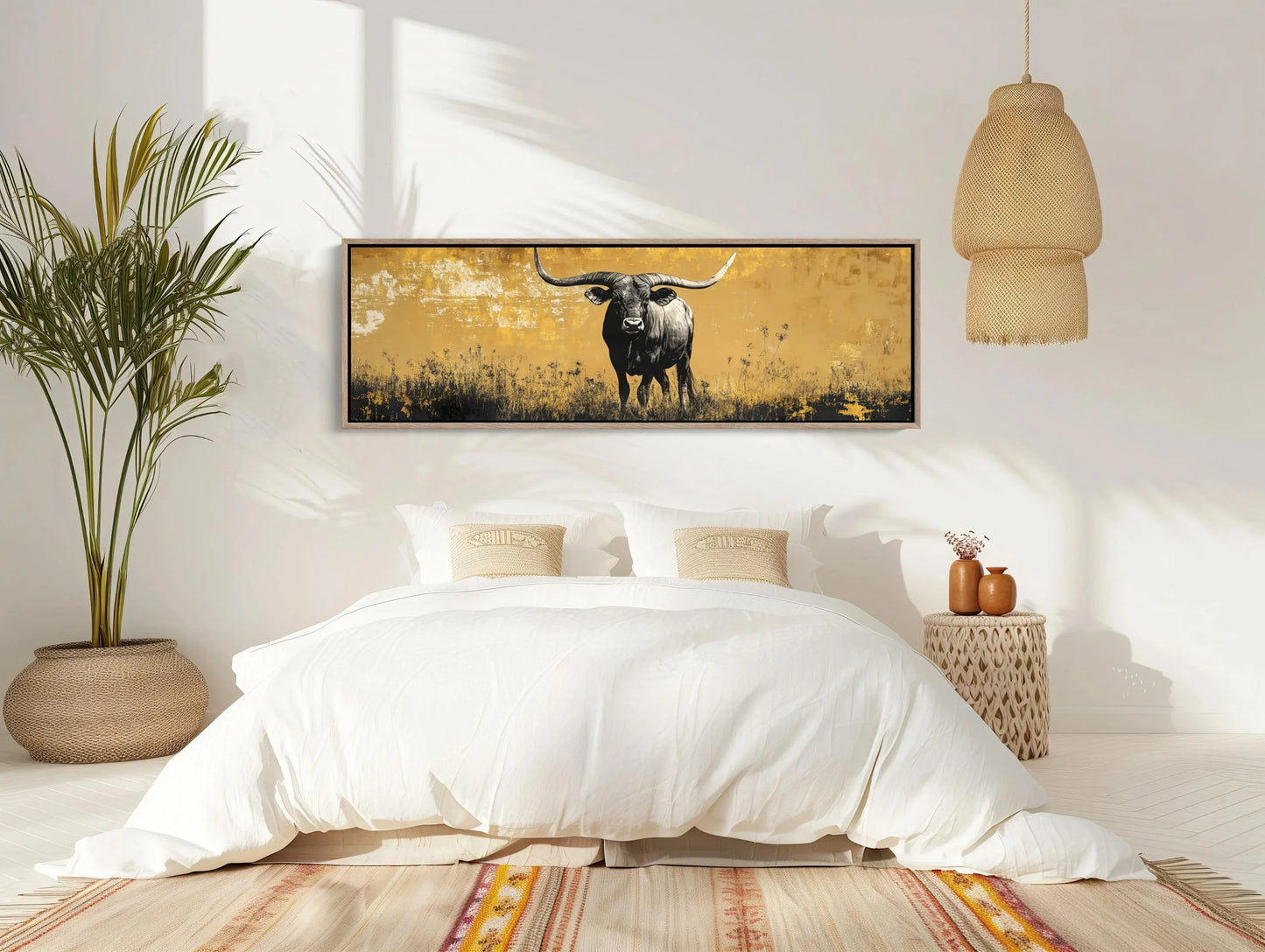 Texas Longhorn in Meadow Field Abstract Painting, Long Horizontal Panoramic Canvas Print, Extra Large Rustic Wall Decor for Living Room Wall Art – Canvas Print