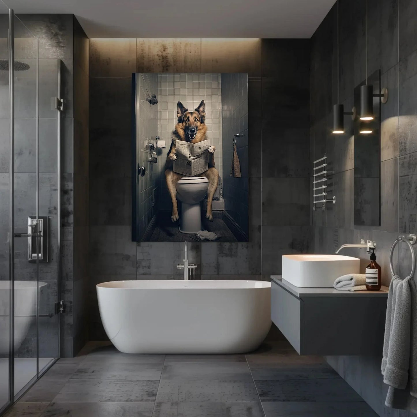 German Shepherd Dog Reading Newspaper On The Toilet Dog Lovers Gift Painting Funny Bathroom Art Framed Print Canvas Restroom Decor Wall Art – Canvas Print
