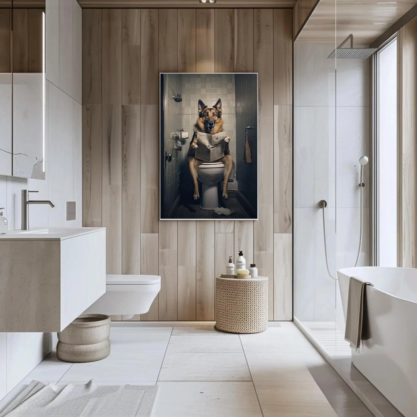 German Shepherd Dog Reading Newspaper On The Toilet Dog Lovers Gift Painting Funny Bathroom Art Framed Print Canvas Restroom Decor Wall Art – Canvas Print