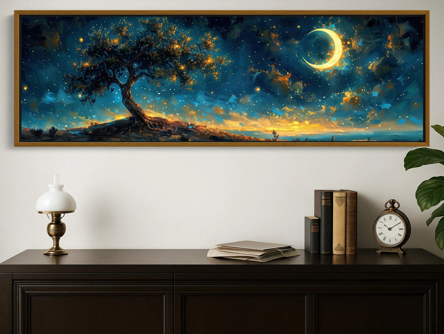 Glowing Tree Moonlit Landscape Canvas | Starry Night Nature Wall Art | Ethereal Tree of Life Print | Panoramic Fantasy Decor Wall Art – Canvas Print
