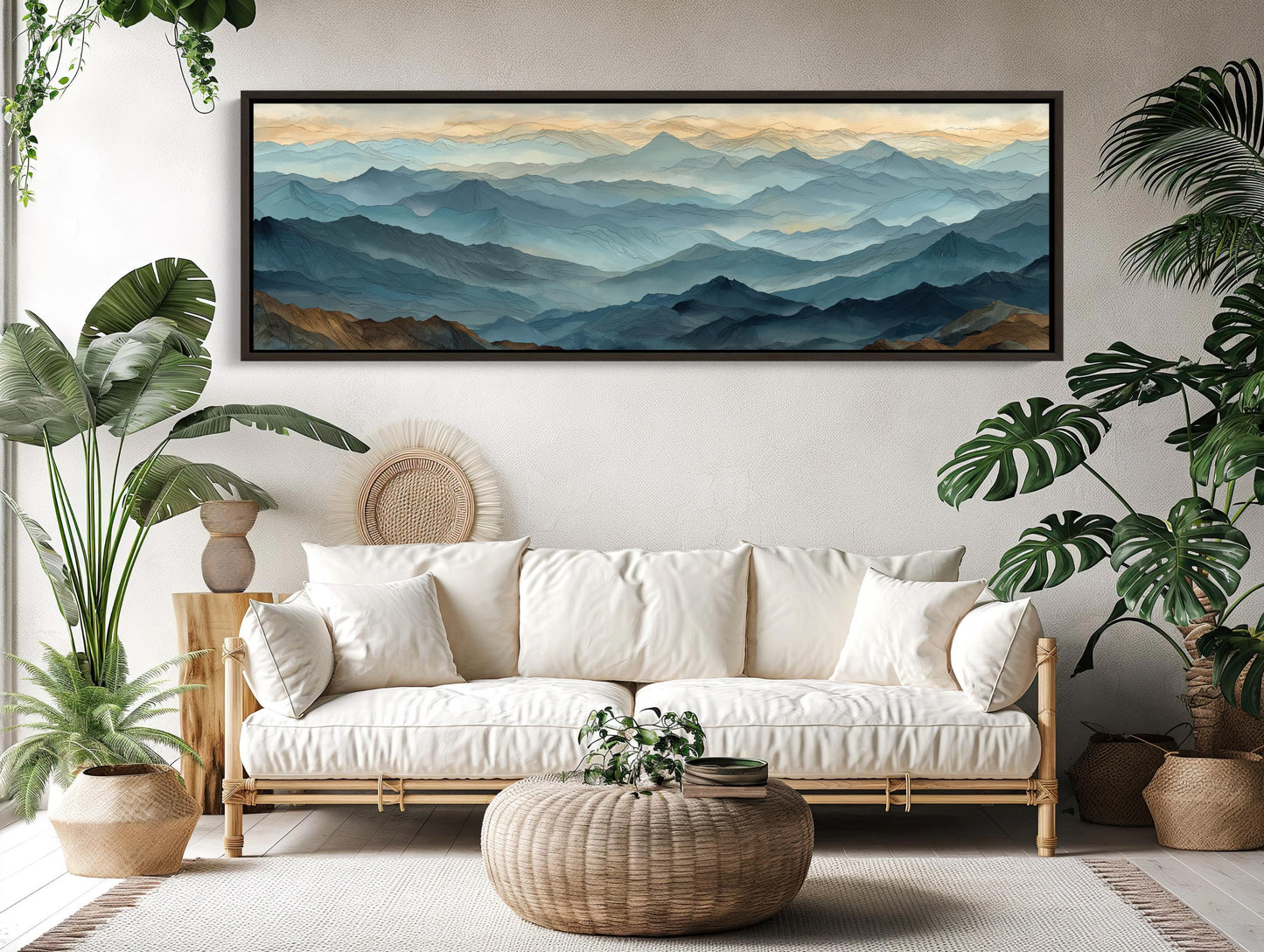 Panoramic Mountain Canvas, Misty Blue Landscape Wall Art, Serene Abstract Vista, Japandi Style Decor, Long Horizontal Nature Print Wall Art – Canvas Print