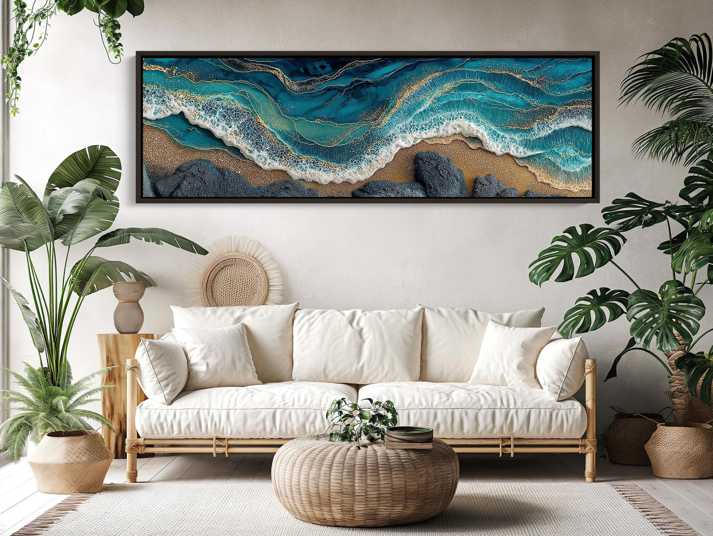 Panoramic Ocean Waves Canvas, Abstract Gold Leaf Coastal Art, Teal Blue Seascape, Textured Beach Wall Decor, Long Horizontal Statement Wall Art – Canvas Print