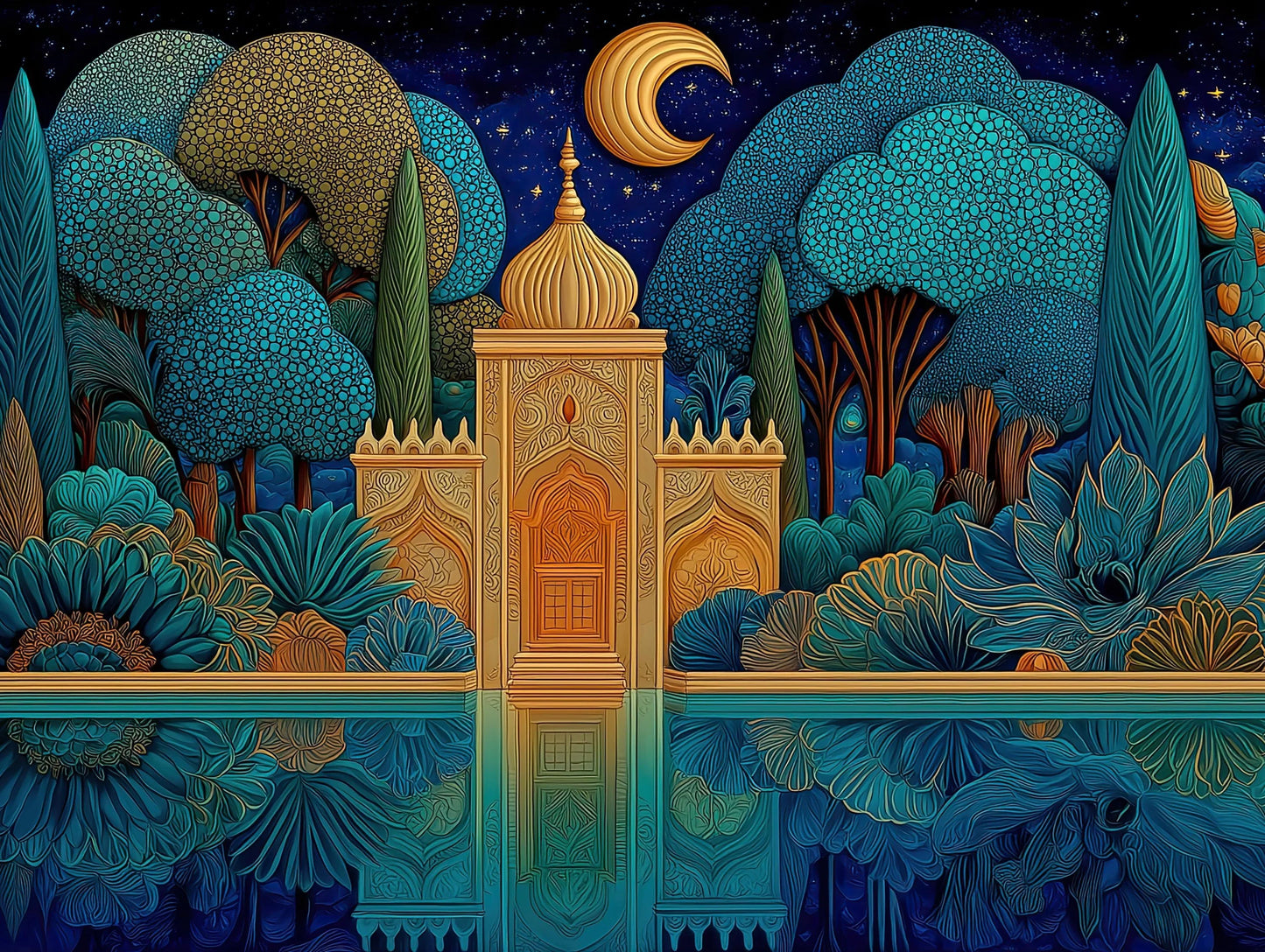 Panoramic Mughal Garden Canvas, Night Scene Wall Art, Indian Palace Print, Blue Gold Landscape, Mystical Reflection, Long Horizontal Art Wall Art – Canvas Print
