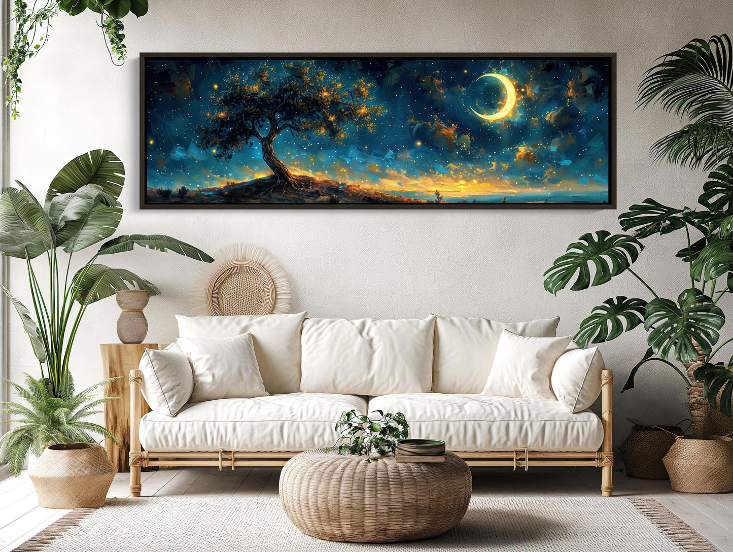 Glowing Tree Moonlit Landscape Canvas | Starry Night Nature Wall Art | Ethereal Tree of Life Print | Panoramic Fantasy Decor Wall Art – Canvas Print
