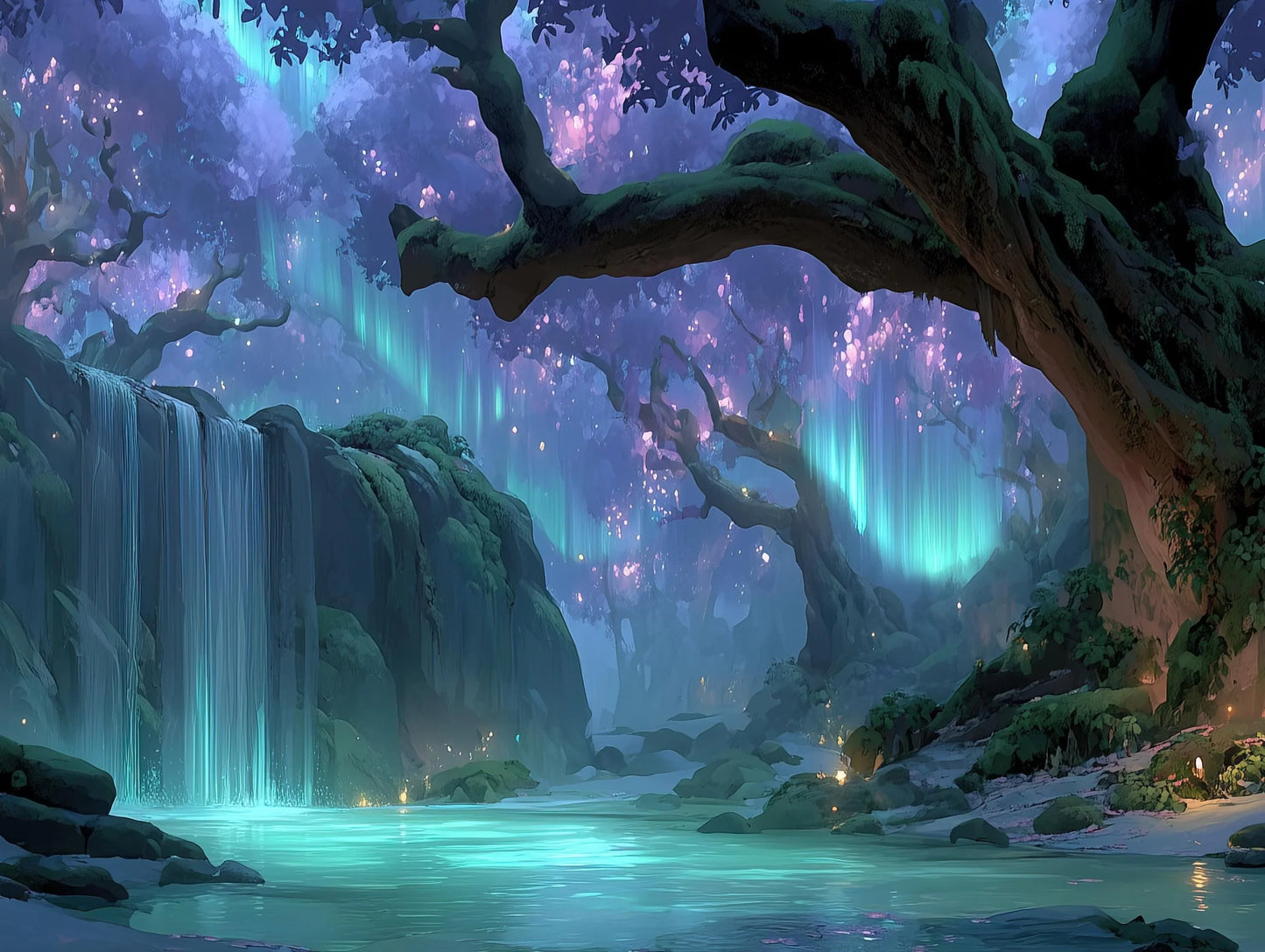 Enchanted Forest Waterfall Canvas | Mystical Aurora Borealis Wall Art | Glowing River Landscape Print | Fantasy Nature Decor Wall Art – Canvas Print