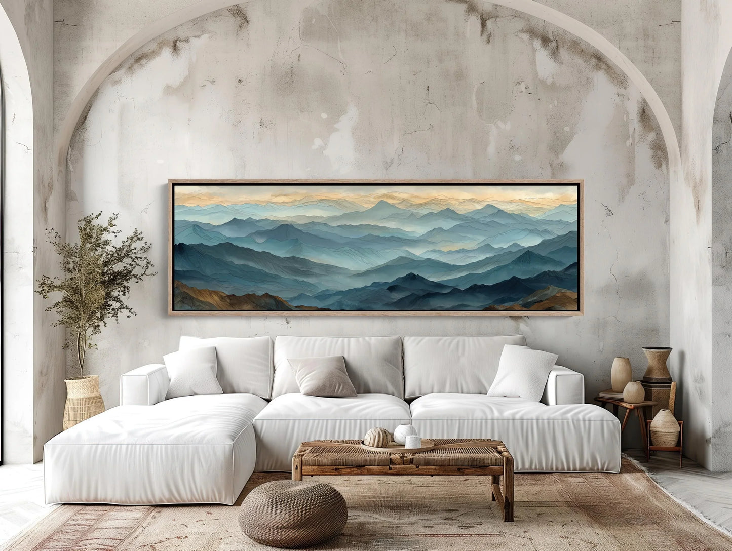Panoramic Mountain Canvas, Misty Blue Landscape Wall Art, Serene Abstract Vista, Japandi Style Decor, Long Horizontal Nature Print Wall Art – Canvas Print