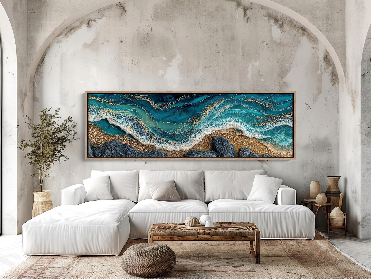 Panoramic Ocean Waves Canvas, Abstract Gold Leaf Coastal Art, Teal Blue Seascape, Textured Beach Wall Decor, Long Horizontal Statement Wall Art – Canvas Print