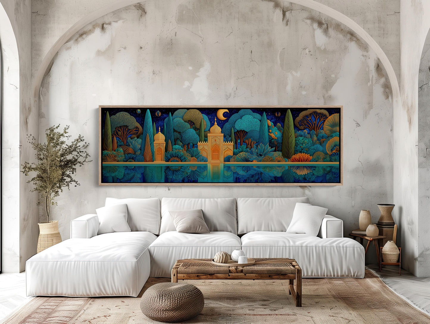 Panoramic Mughal Garden Canvas, Night Scene Wall Art, Indian Palace Print, Blue Gold Landscape, Mystical Reflection, Long Horizontal Art Wall Art – Canvas Print