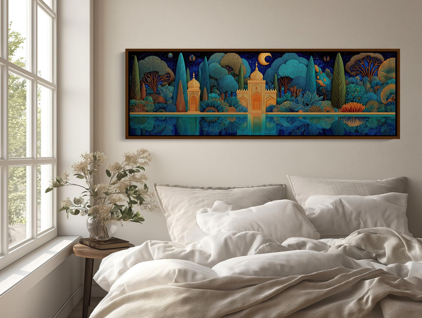 Panoramic Mughal Garden Canvas, Night Scene Wall Art, Indian Palace Print, Blue Gold Landscape, Mystical Reflection, Long Horizontal Art Wall Art – Canvas Print