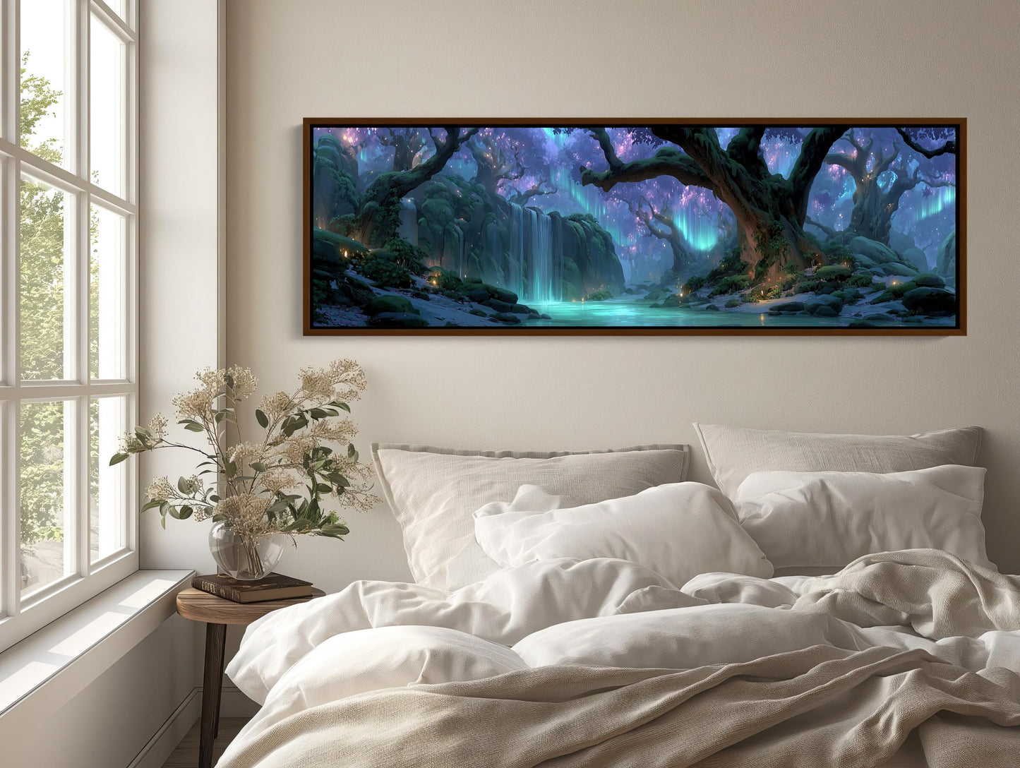 Enchanted Forest Waterfall Canvas | Mystical Aurora Borealis Wall Art | Glowing River Landscape Print | Fantasy Nature Decor Wall Art – Canvas Print