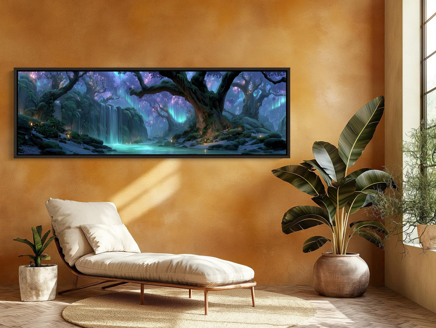 Enchanted Forest Waterfall Canvas | Mystical Aurora Borealis Wall Art | Glowing River Landscape Print | Fantasy Nature Decor Wall Art – Canvas Print