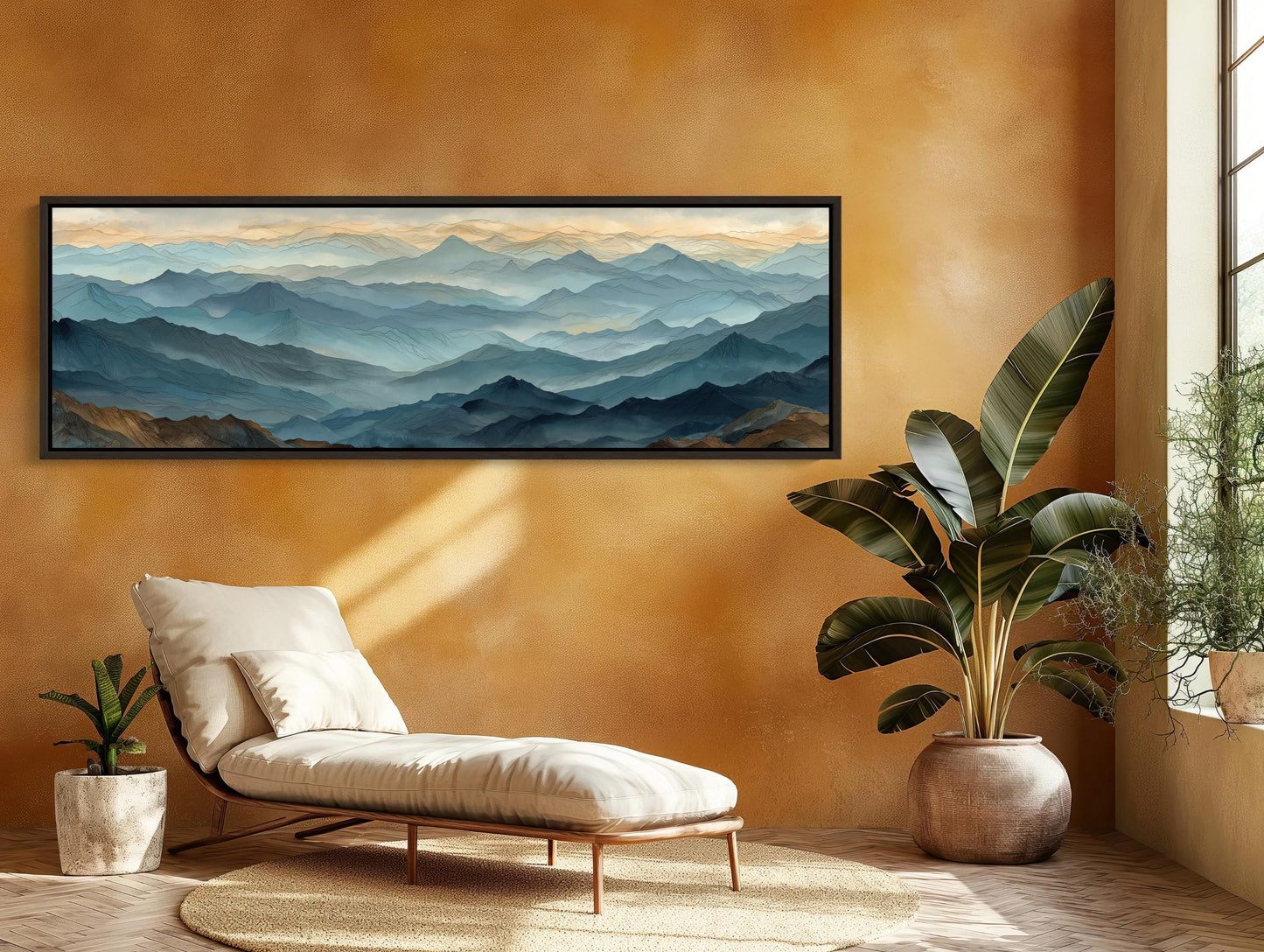 Panoramic Mountain Canvas, Misty Blue Landscape Wall Art, Serene Abstract Vista, Japandi Style Decor, Long Horizontal Nature Print Wall Art – Canvas Print