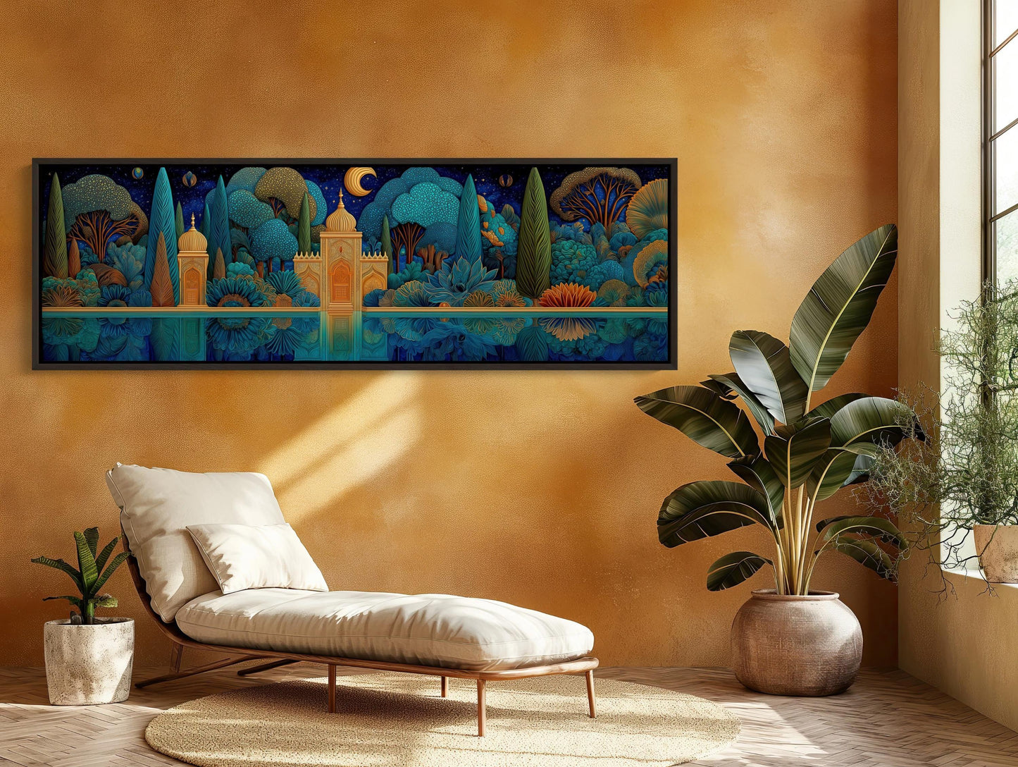 Panoramic Mughal Garden Canvas, Night Scene Wall Art, Indian Palace Print, Blue Gold Landscape, Mystical Reflection, Long Horizontal Art Wall Art – Canvas Print