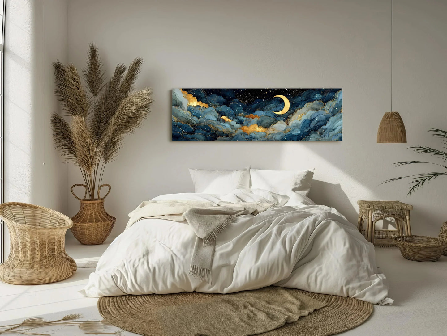 Golden Moon Clouds Canvas Print | Abstract Celestial Wall Art | Blue Gold Night Sky Decor | Modern Panoramic Giclée Wall Art – Canvas Print