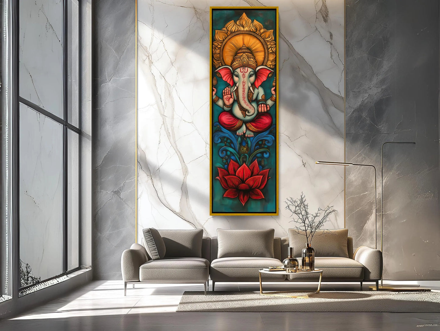 Lord Ganesha Tall Narrow Vertical Canvas Print, Indian Wall Art, Framed Hindu God Decor for Meditation Room or Living Room, Ready to Hang