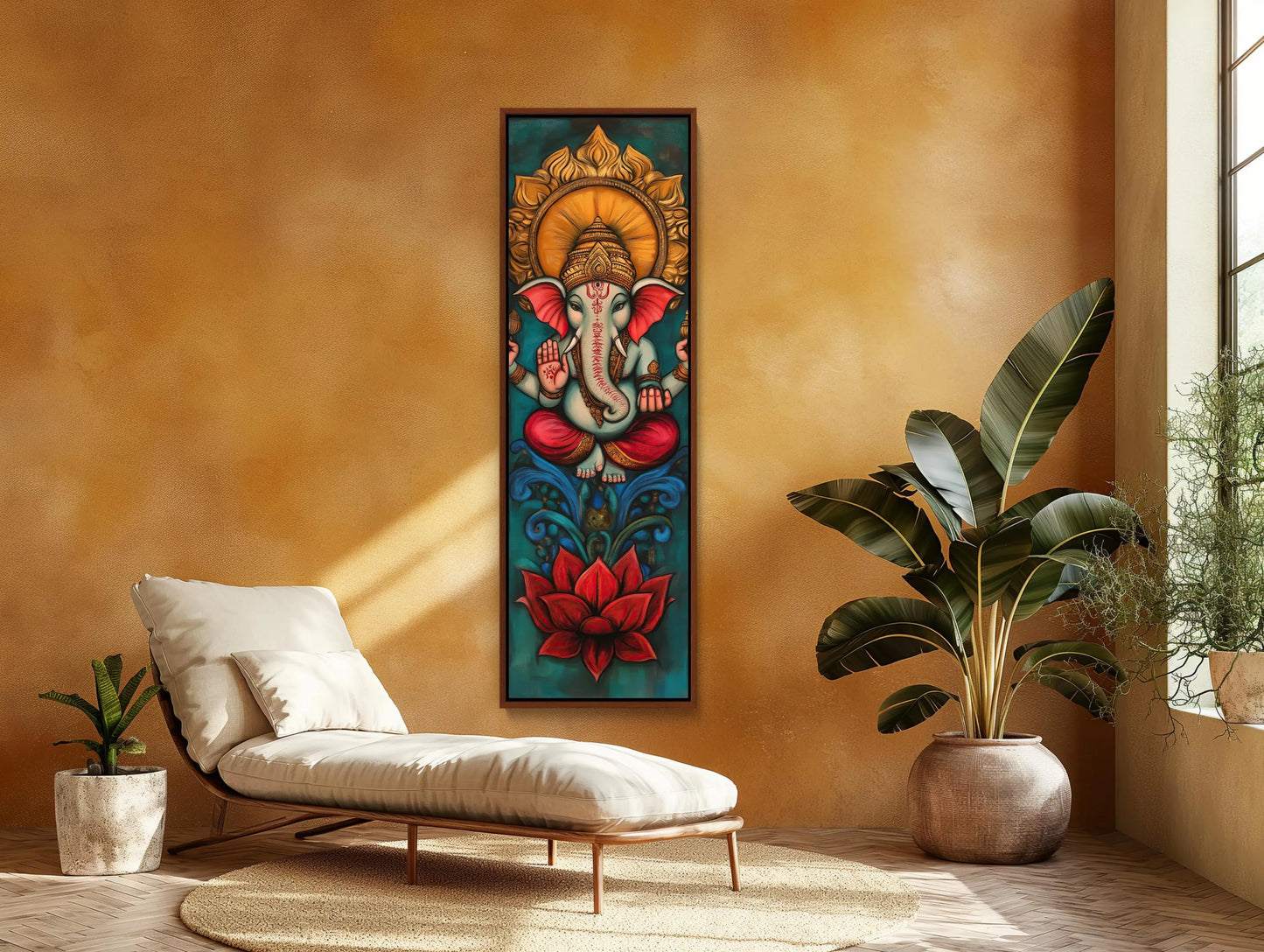 Lord Ganesha Tall Narrow Vertical Canvas Print, Indian Wall Art, Framed Hindu God Decor for Meditation Room or Living Room, Ready to Hang