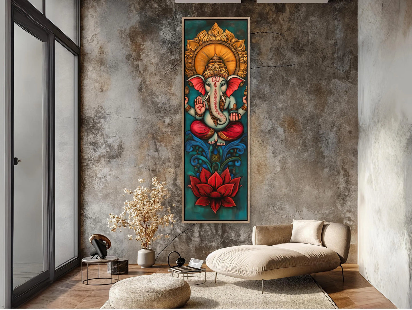 Lord Ganesha Tall Narrow Vertical Canvas Print, Indian Wall Art, Framed Hindu God Decor for Meditation Room or Living Room, Ready to Hang