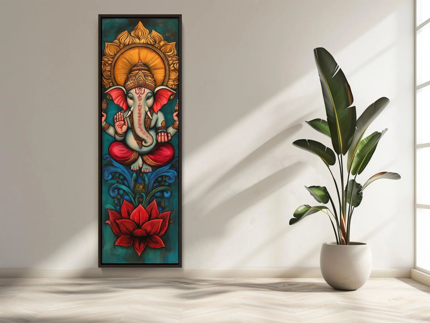 Lord Ganesha Tall Narrow Vertical Canvas Print, Indian Wall Art, Framed Hindu God Decor for Meditation Room or Living Room, Ready to Hang