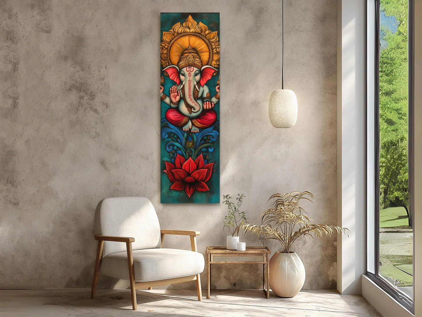 Lord Ganesha Tall Narrow Vertical Canvas Print, Indian Wall Art, Framed Hindu God Decor for Meditation Room or Living Room, Ready to Hang