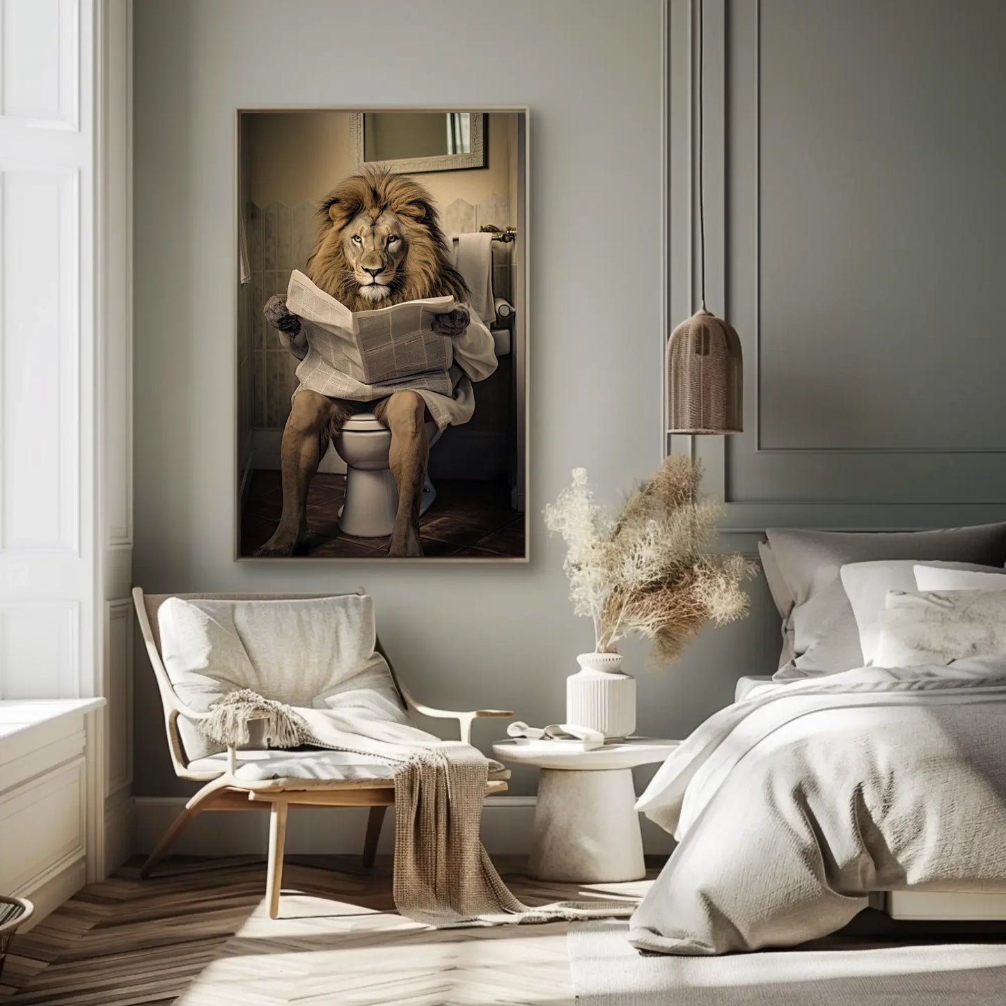 Majestic Lion Reading Newspaper On The Toilet Animal Lovers Gift Canvas Painting Funny Bathroom Art Framed Print Toilet Humor Art Wall Art – Canvas Print