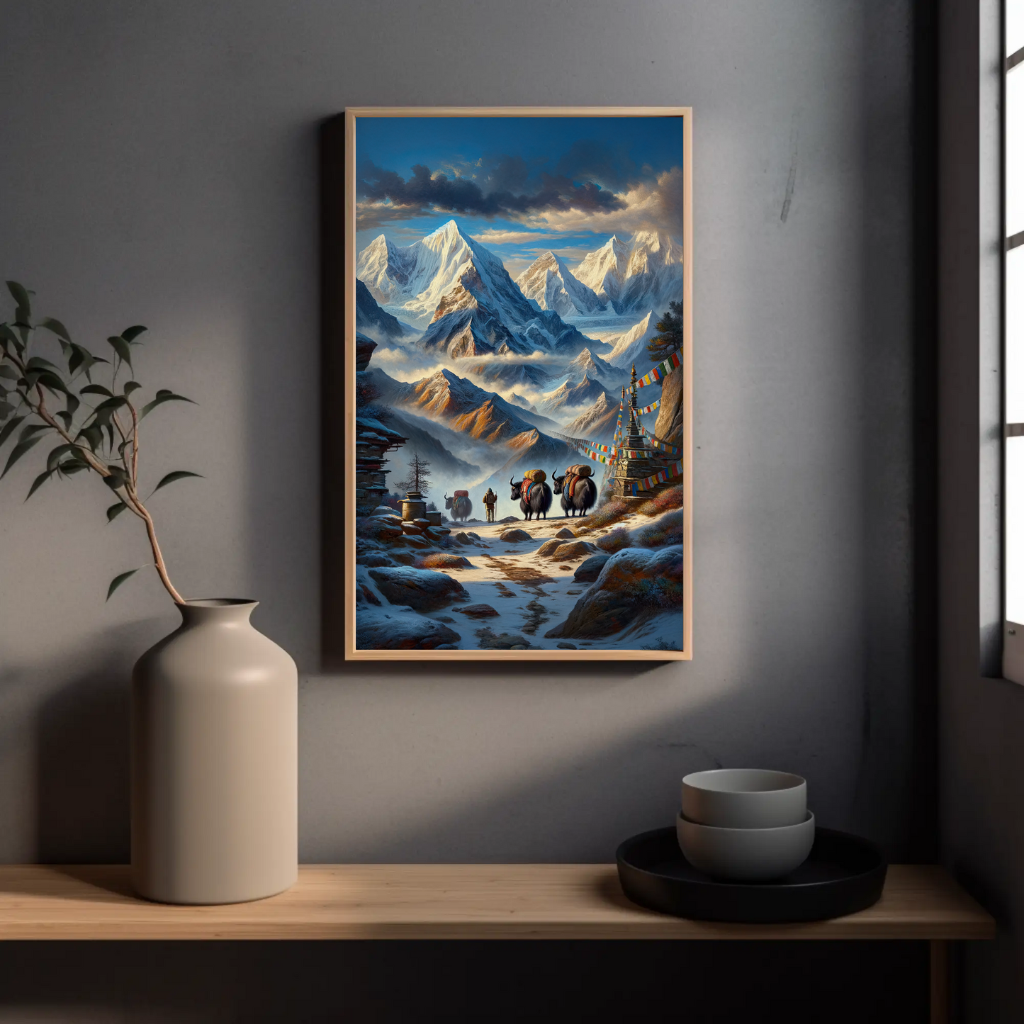 Himalayan Yaks Painting - Signed Indian Canvas Art Print for Living Room Decor