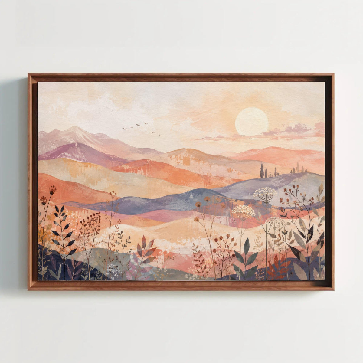 Rolling hills sunset canvas wall art, layered peach and mauve hills with wildflowers and a pale sun