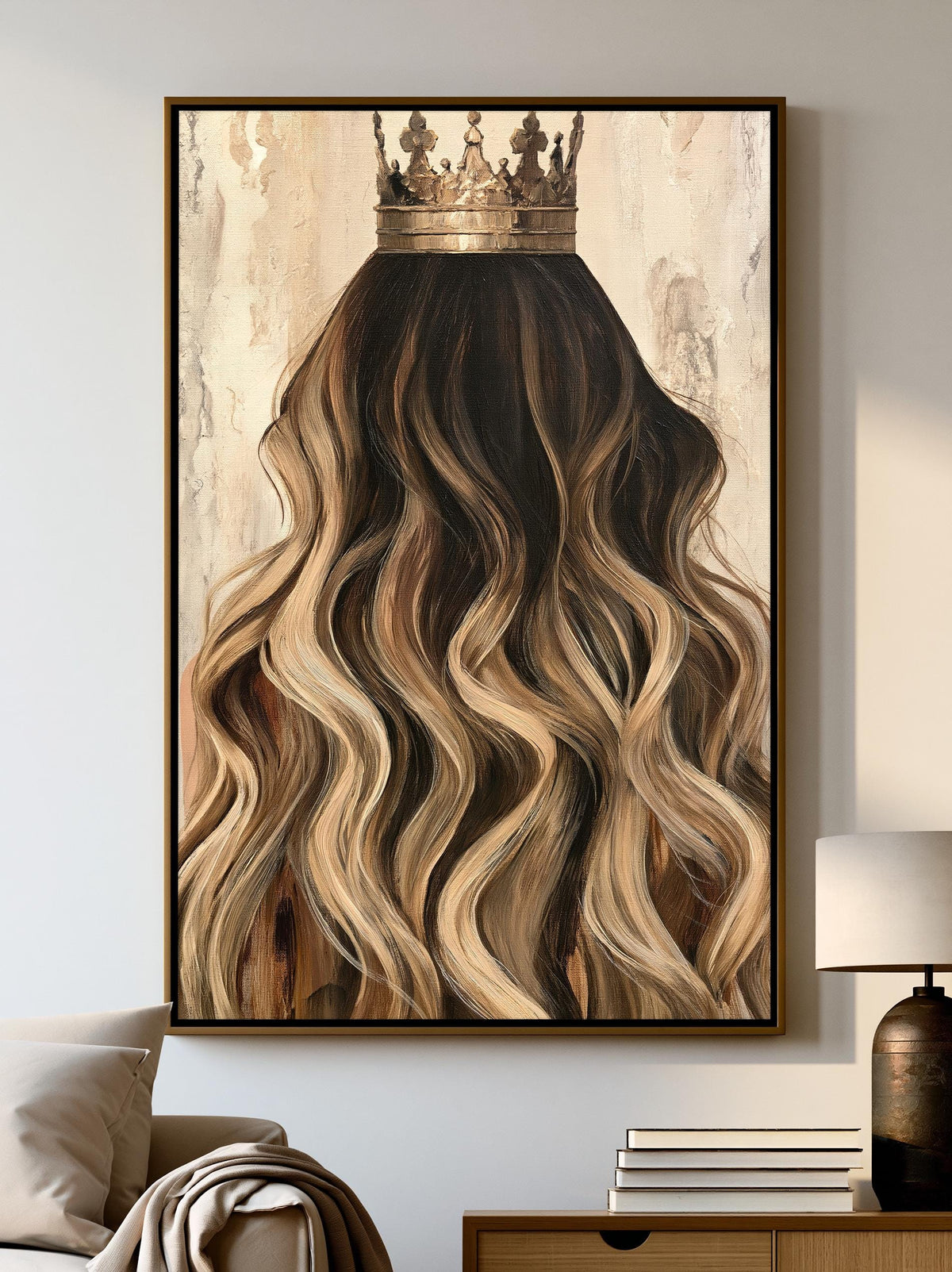 a large painting of a crown on a wall, with long, wavy hair cascading down the center.