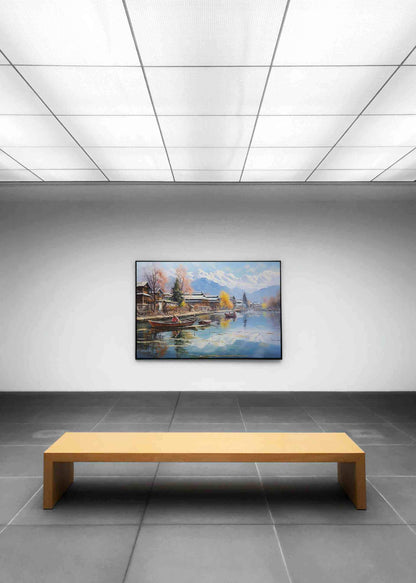 Kashmir Dal Lake , Indian Lake Landscape canvas wall art in blue tones