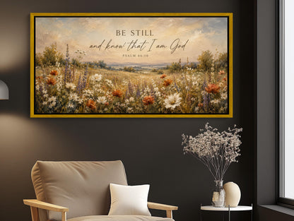 Be Still wildflower scripture canvas wall art, large framed painting of a field with flowers hanging on a wall above a beige