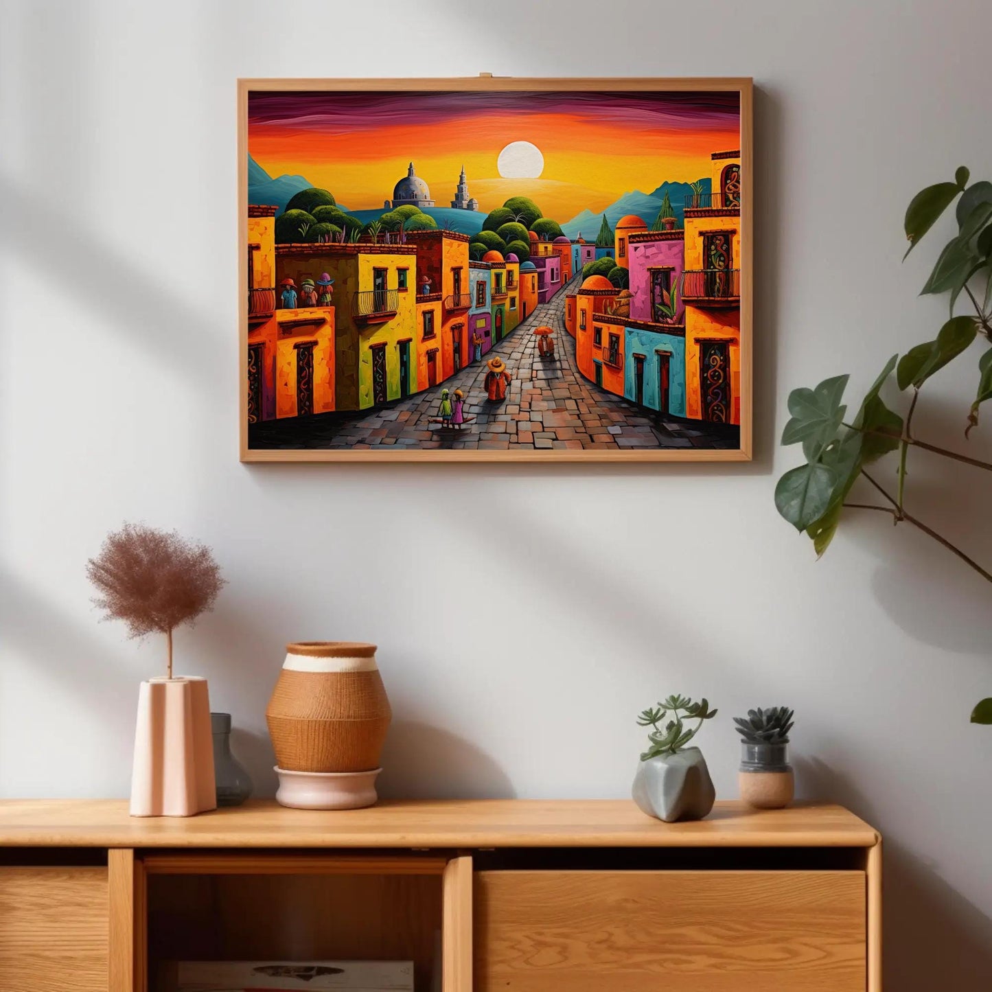 Oaxaca Mexican Village , Colorful Mexico folk art canvas wall art for the home