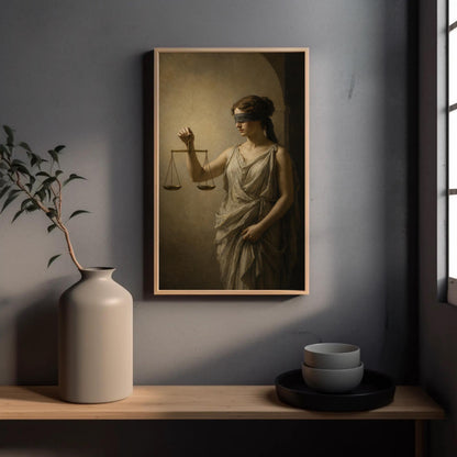 Lady Justice with scales canvas wall art, framed painting of a woman holding a scale, which is hanging on a wall above a