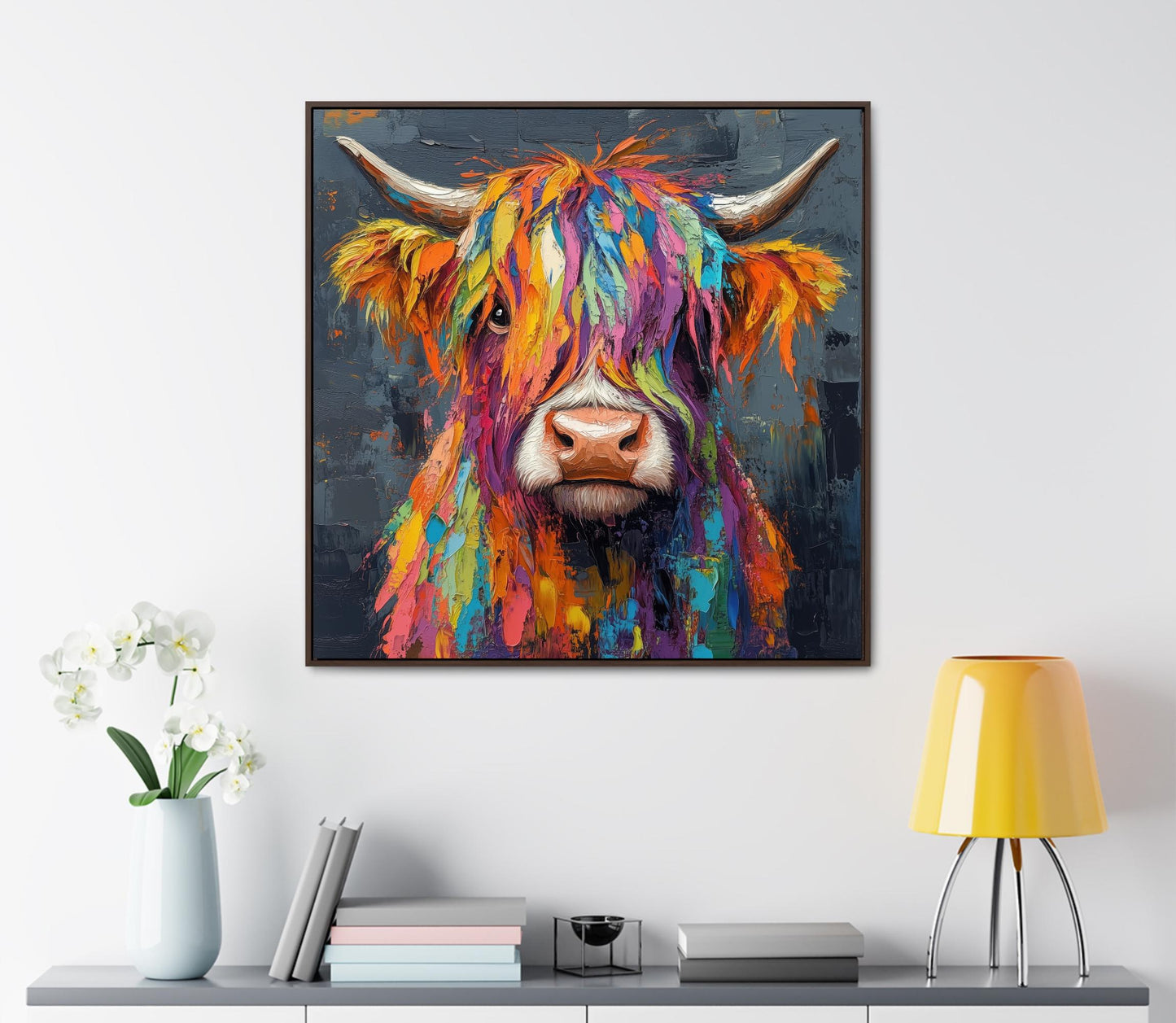 Colorful Highland Cow , Modern Farmhouse canvas wall art shown in a styled room (view 2)