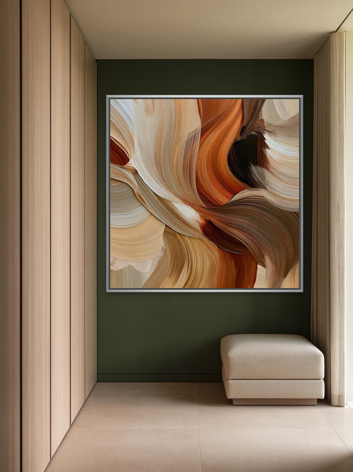 Abstract flowing hair canvas wall art, large abstract painting with swirling, vibrant colors of orange, brown, and beige