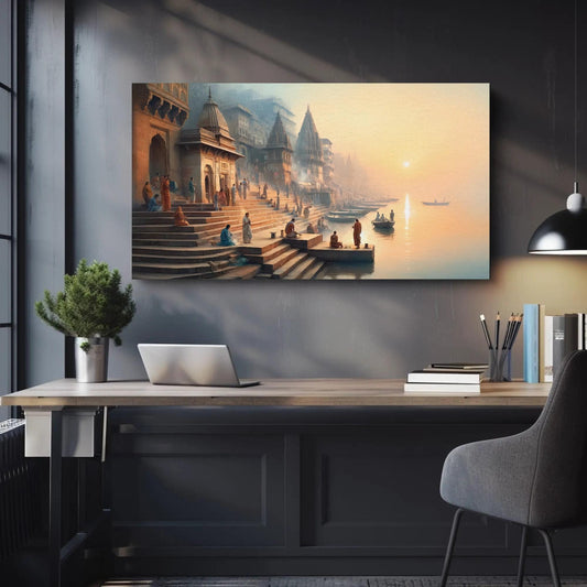 a room with a desk and a painting on the wall