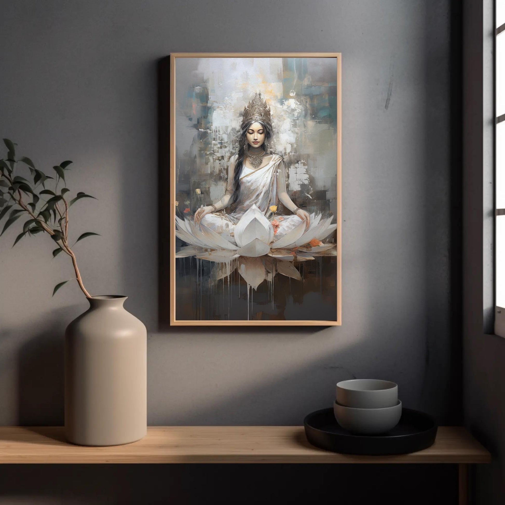 Goddess Lakshmi , Hindu Lotus canvas wall art shown in a styled room (view 4)