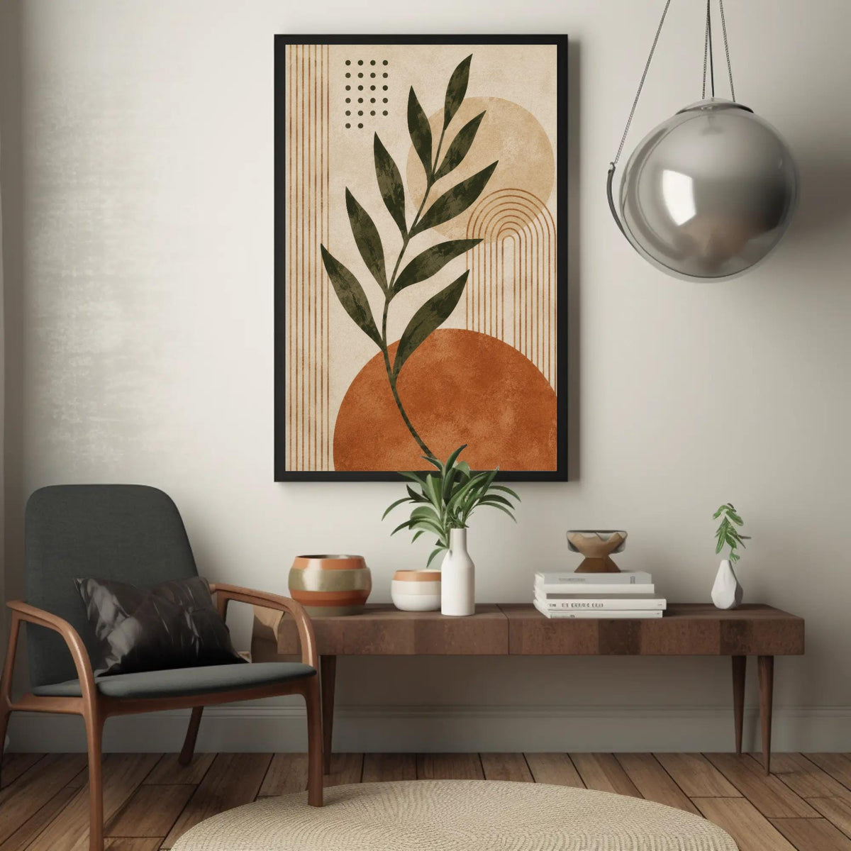 Boho leaf and sun canvas wall art, modern living room with a wooden coffee table, a gray armchair, and a framed abstract