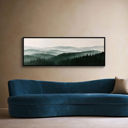Misty pine forest mountains panoramic canvas wall art, fog over layered ridges and dark pines