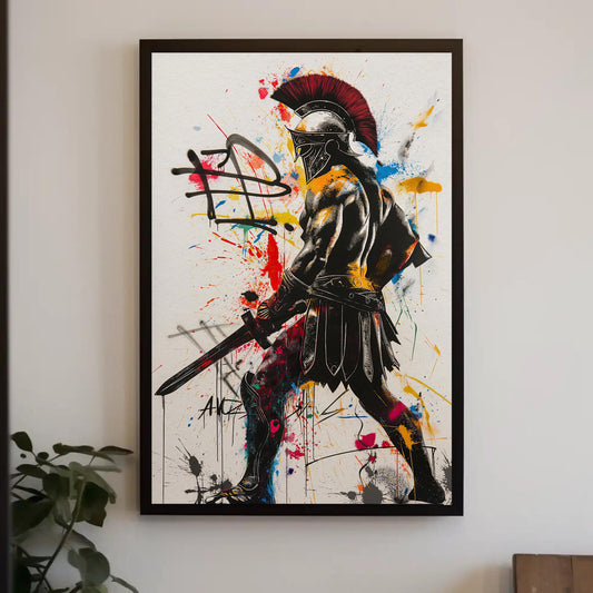 Greek Warrior Canvas - Spartan Graffiti Print | Fierce Warrior Wall Art for Game Room Decor