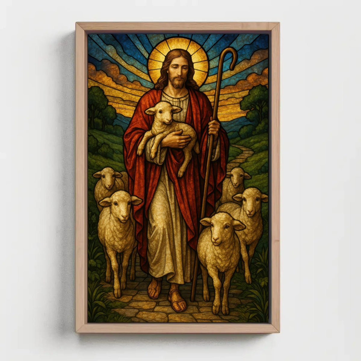 Good Shepherd stained glass canvas wall art in a room setting