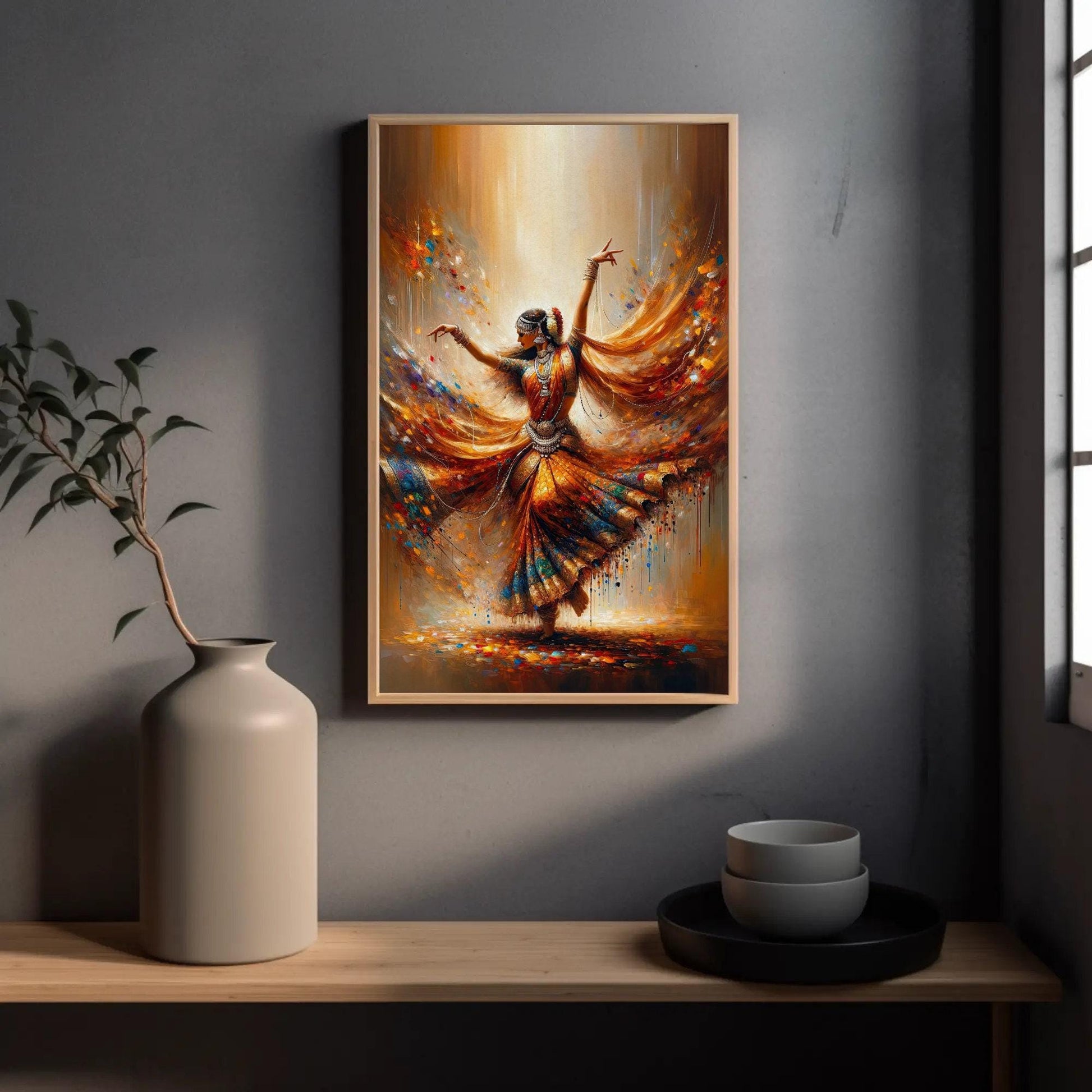 Indian Dancer , Elegance in Motion Cultural canvas wall art shown in a styled room