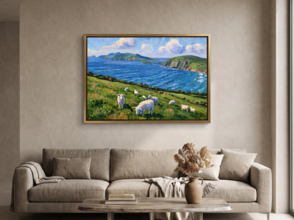 a large painting of a pastoral scene with sheep grazing on a grassy hill overlooking a body of water, such as a lake or ocean. The painting is hung on a wall above a beige sofa in a living room setting.