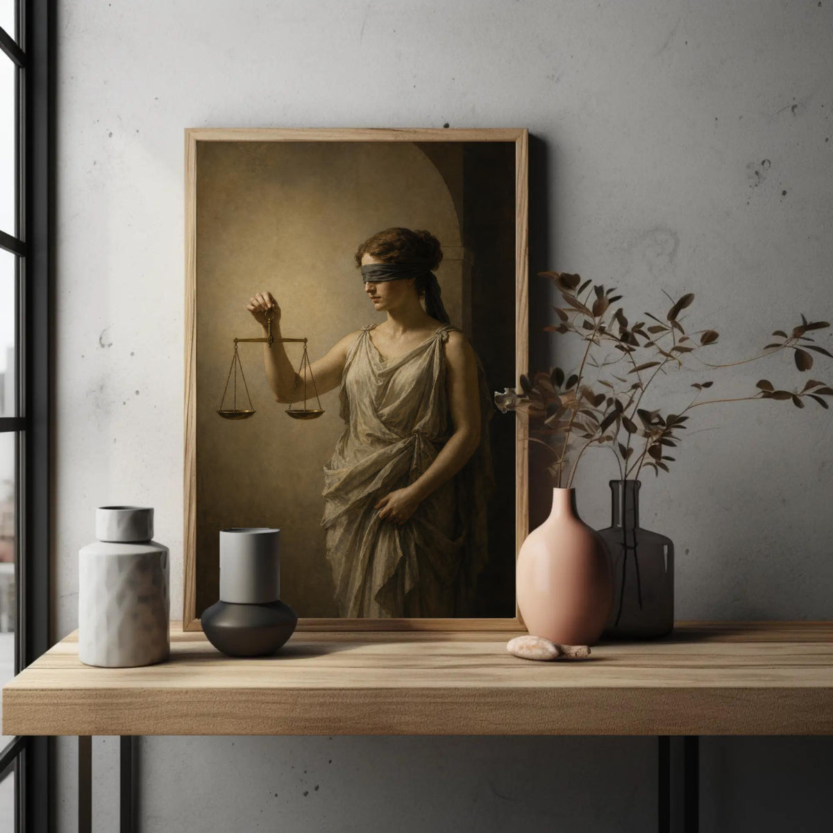 Lady Justice with scales canvas wall art, painting of a woman holding scales, surrounded by various decorative items such as