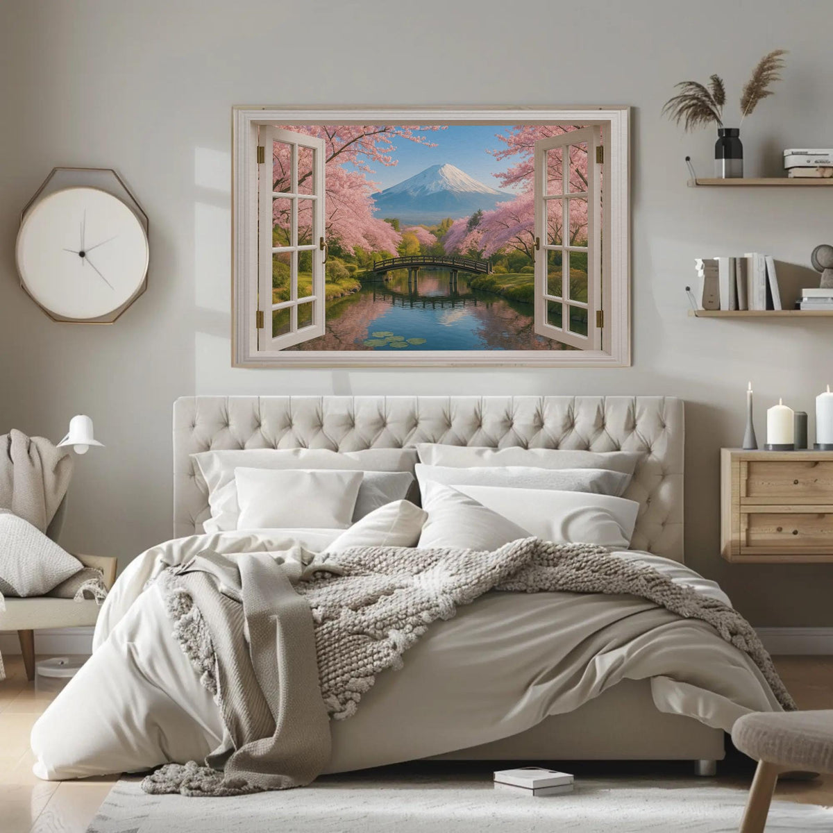 Mount Fuji window view canvas wall art, bedroom with a bed and a painting on the wall