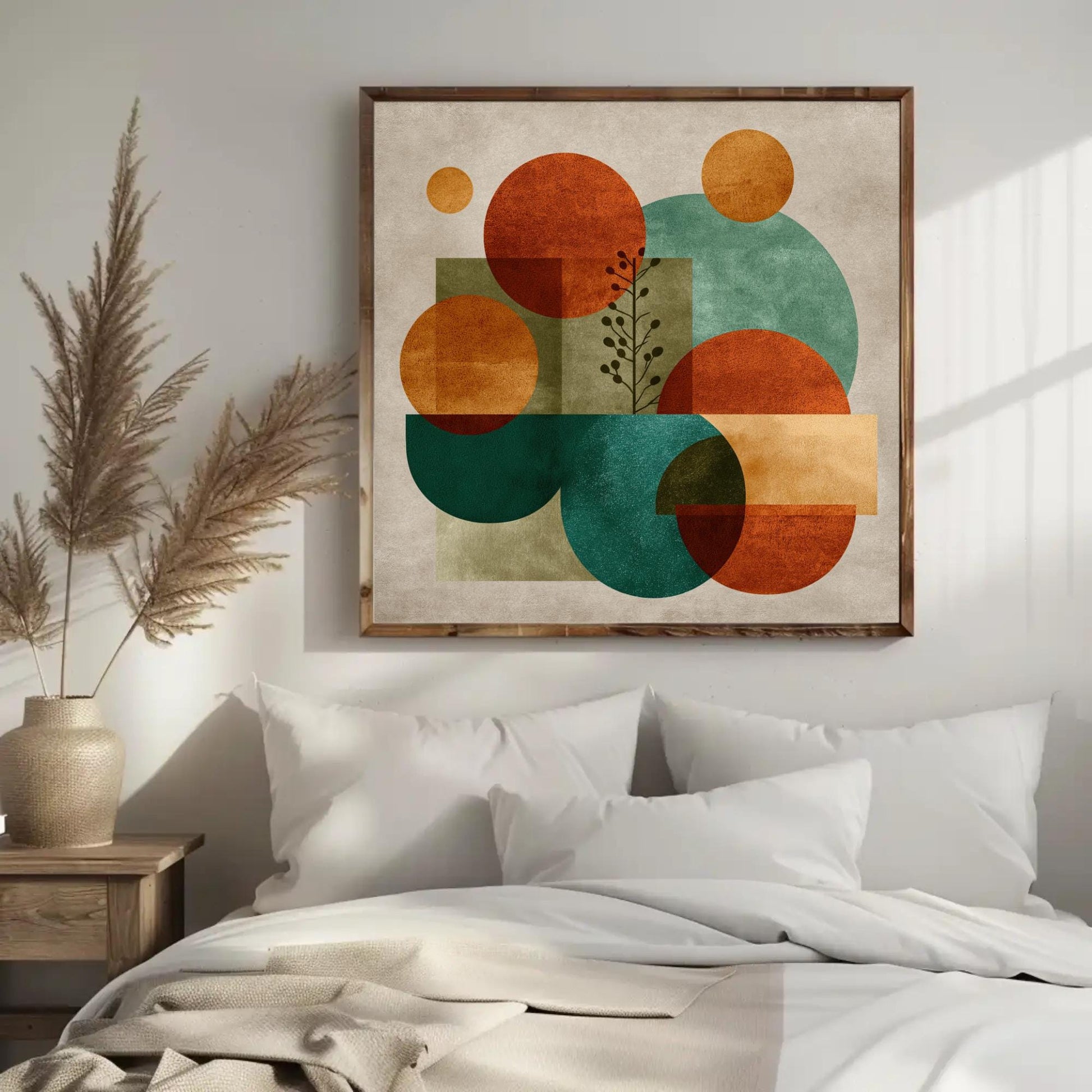 Japandi canvas wall art shown in a bedroom