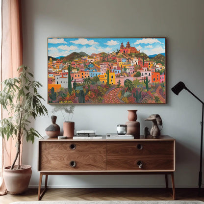 Zacatecas Mexico , Colorful Colonial canvas wall art shown in a living room (view 3)