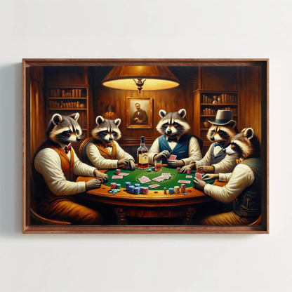Raccoons Playing Poker, Framed Canvas Art, Whimsical Wall Decor